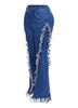 Distressed fringe denim flared pant