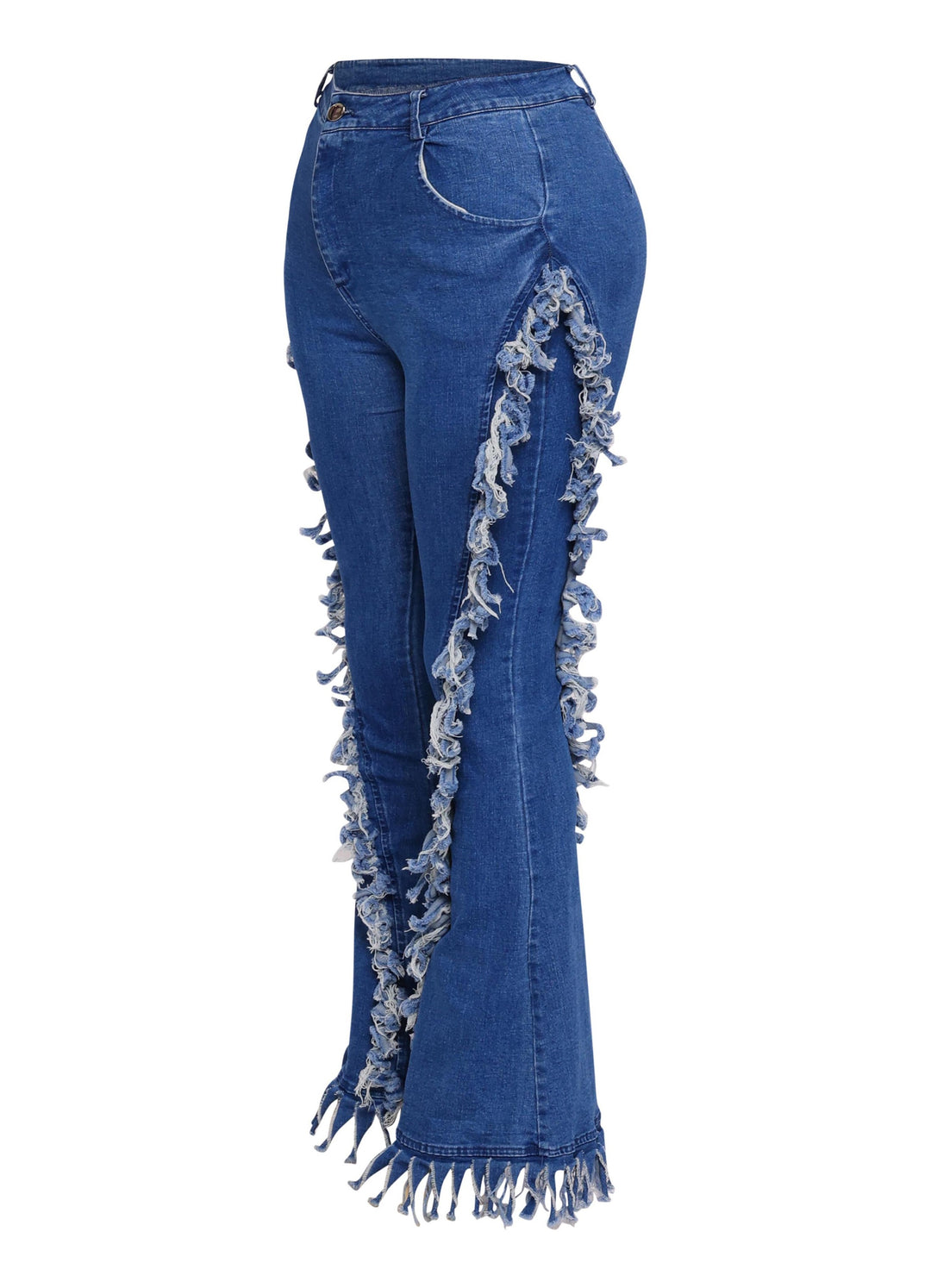 Distressed fringe denim flared pant.