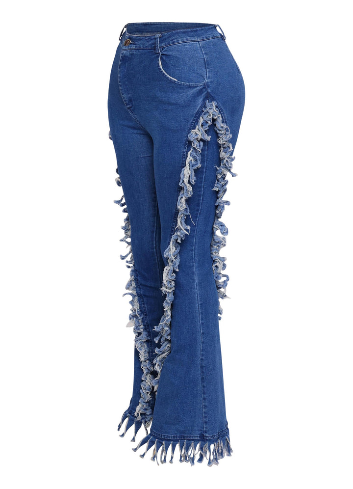 Distressed fringe denim flared pant.