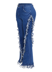 Distressed fringe denim flared pant