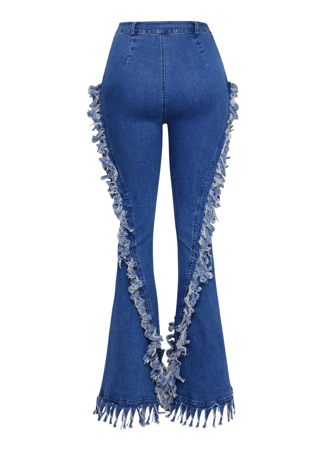 Distressed fringe denim flared pant.