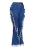 Distressed fringe denim flared pant