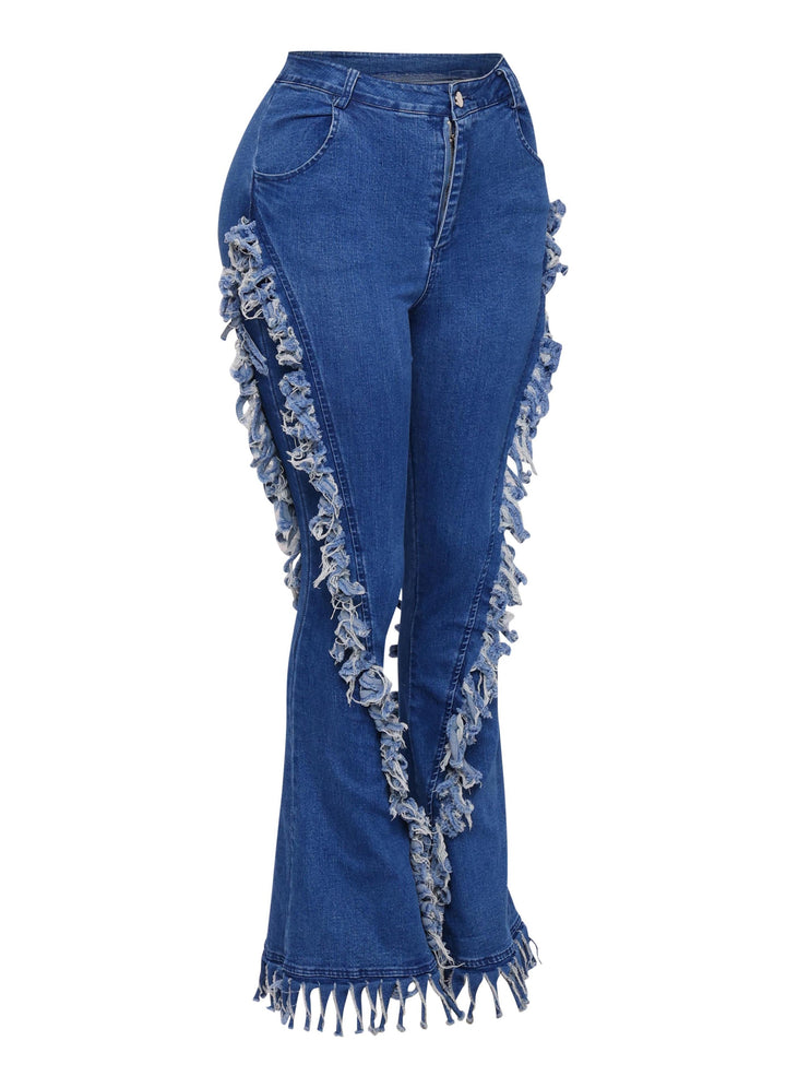 Distressed fringe denim flared pant.