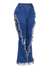 Distressed fringe denim flared pant