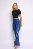 Distressed fringe denim flared pant