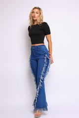 Distressed fringe denim flared pant