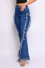 Distressed fringe denim flared pant