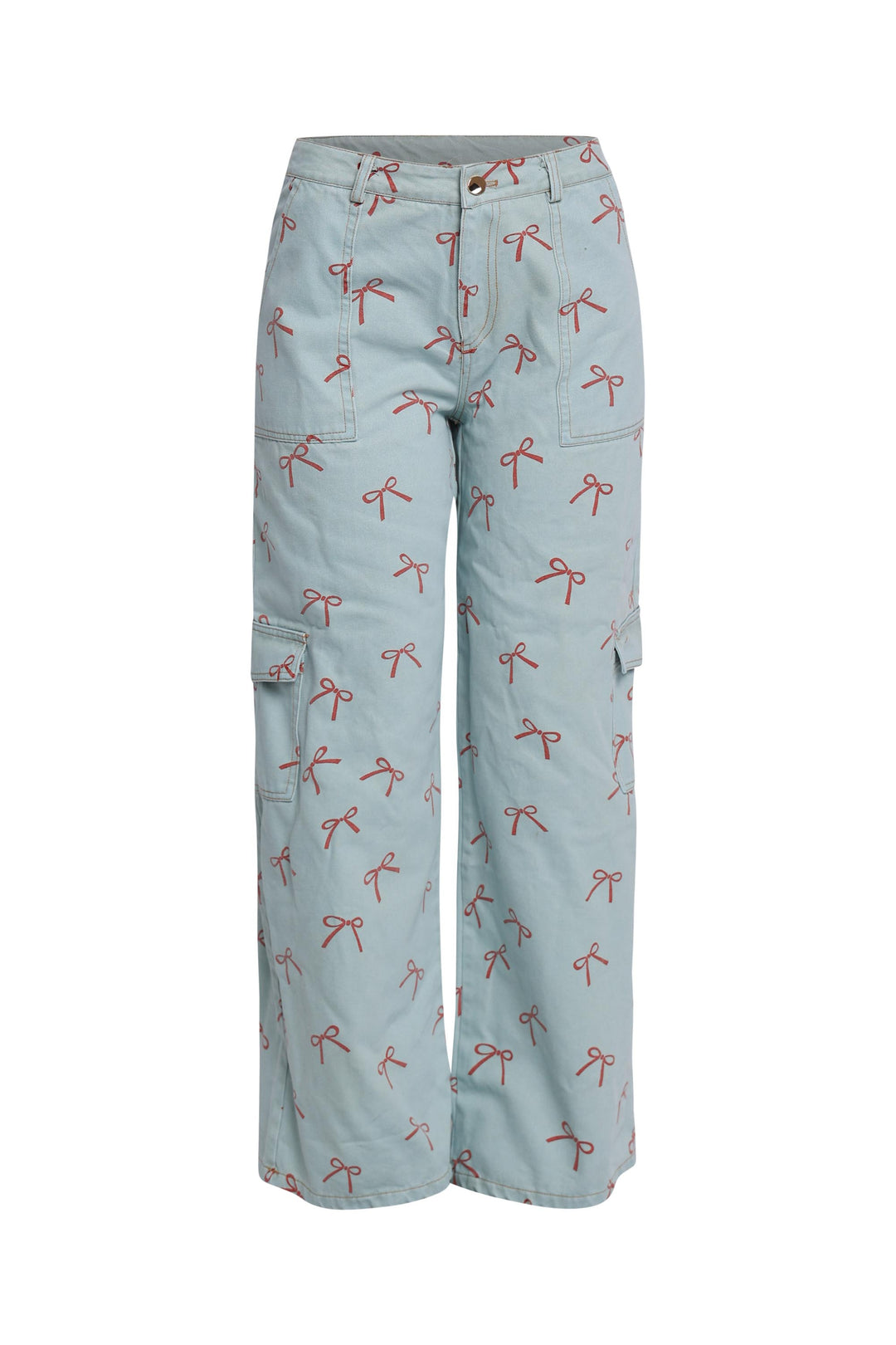 Light blue denim pants with red ribbon allover print
