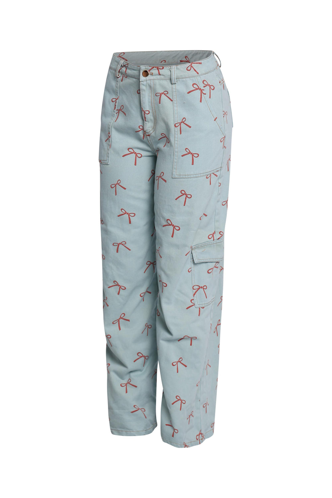 Mid rise light denim pants with red ribbon print and structured fit