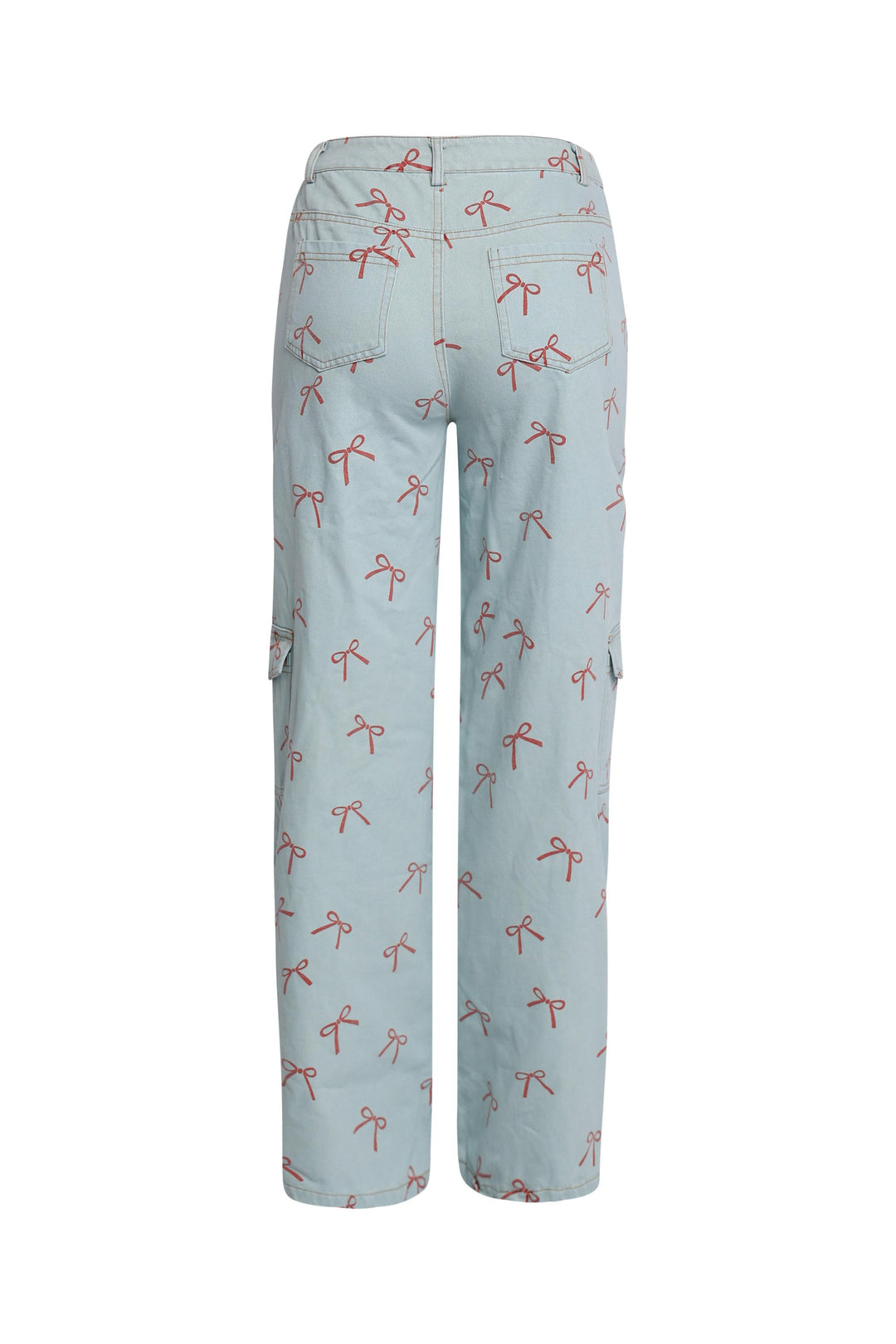 Blue cotton pants with whimsical red ribbon graphics and real pockets