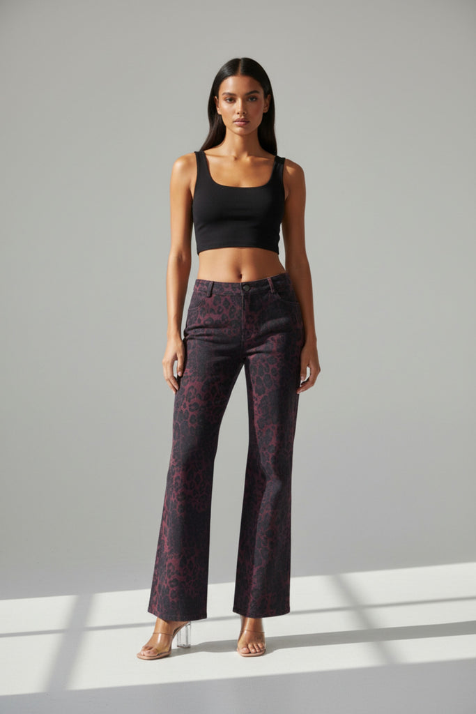 Burgundy black leopard print high waist pants front view with straight leg and structured fit