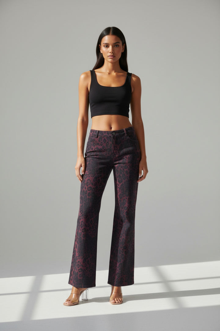 Burgundy black leopard print high waist pants front view with straight leg and structured fit