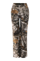 Brown and green camo print high waist trousers front view with straight leg silhouette