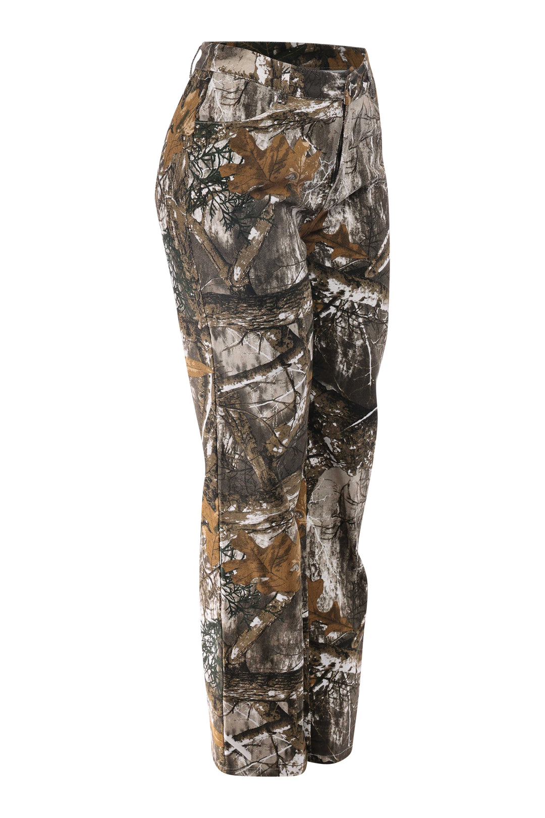 Camo streetwear pants left quarter angle showing real pockets and woodland pattern detail