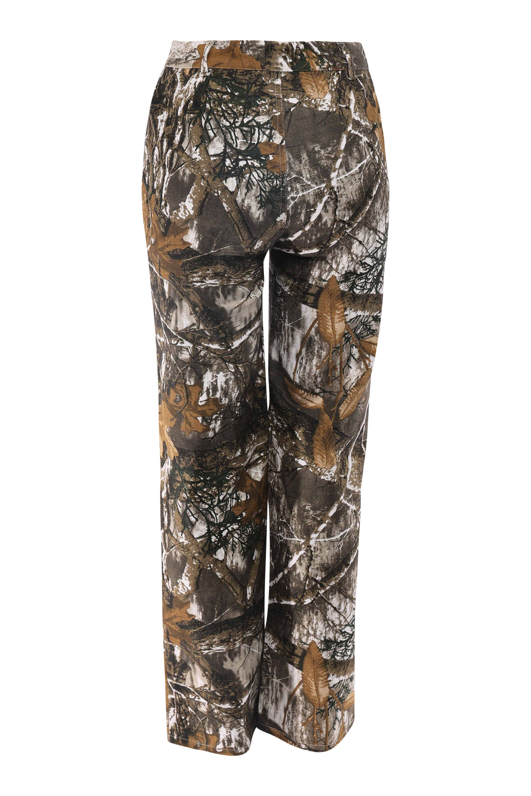 Back view of camo print straight leg trousers featuring real pockets and allover rustic print
