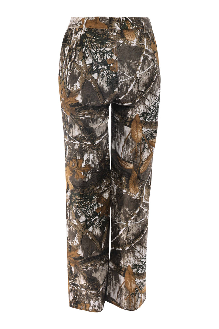 Back view of camo print straight leg trousers featuring real pockets and allover rustic print