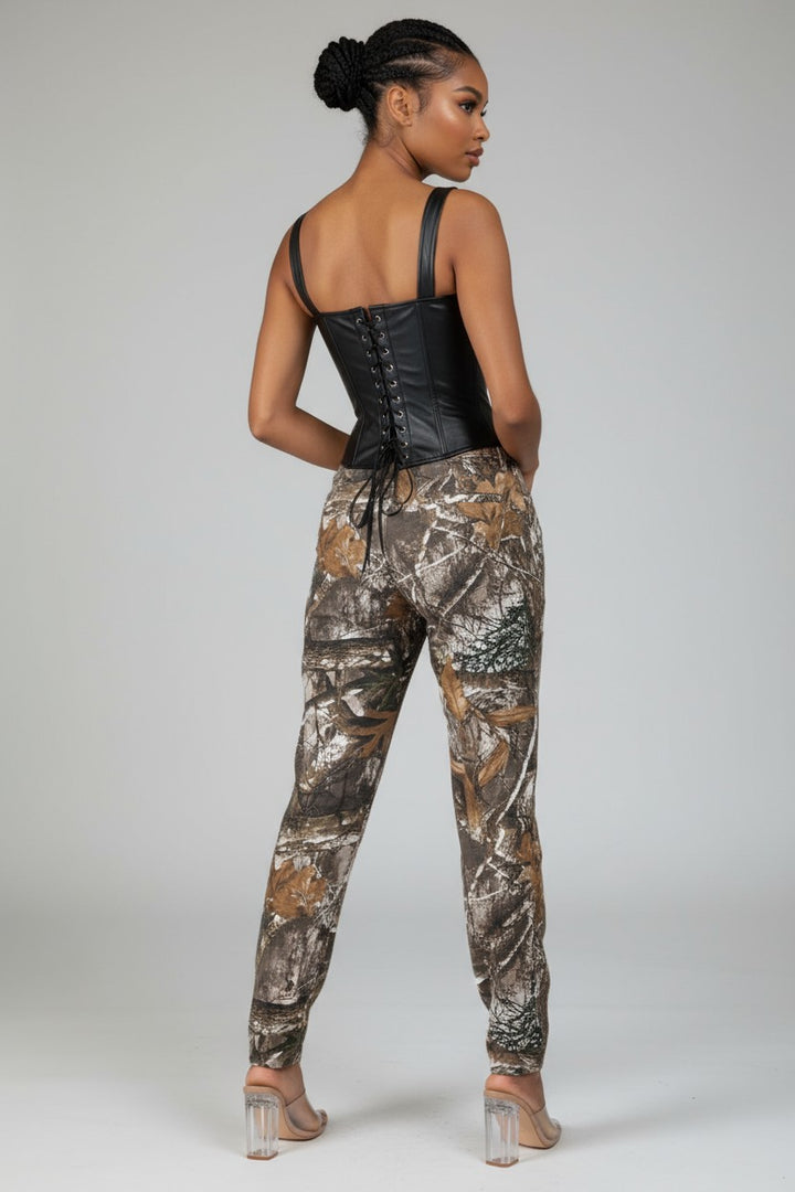 Back view of camo print straight leg trousers featuring real pockets and allover rustic print