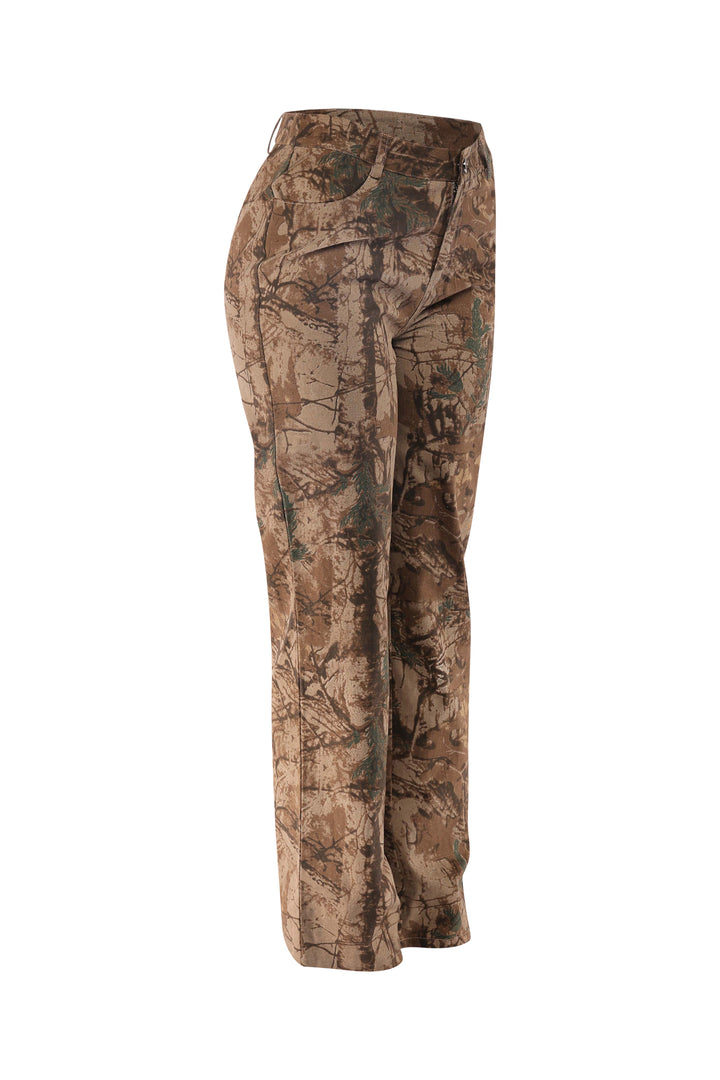 Right angled view of woodland camo print pants in regular fit with functional side pockets