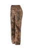 Left angled view of high waist camo pants featuring straight hem and real front pocket detailing