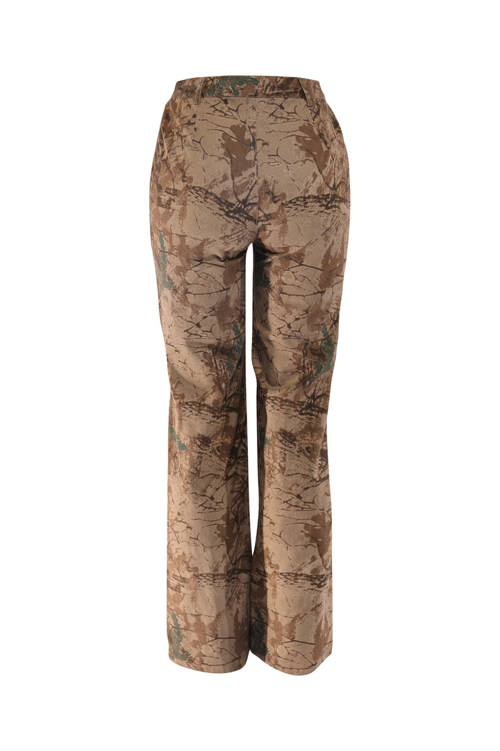 Back view of brown and green camo high waisted pants with soft drape and natural shape