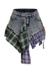 Distressed Denim Mini Skirt with Plaid Patchwork