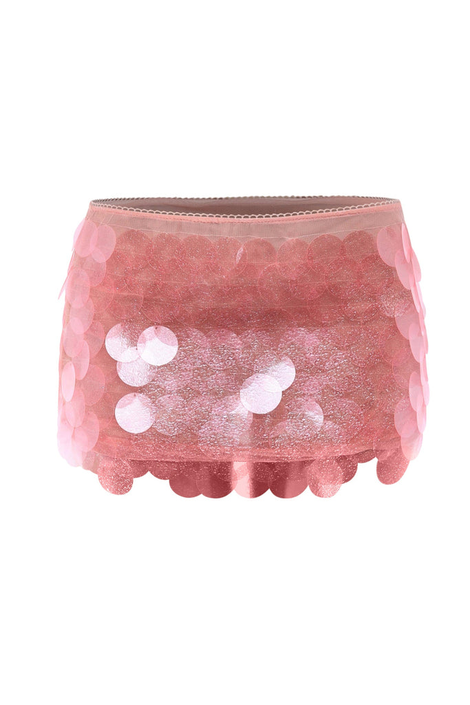 Pink oversized sequin mini skirt high-waisted