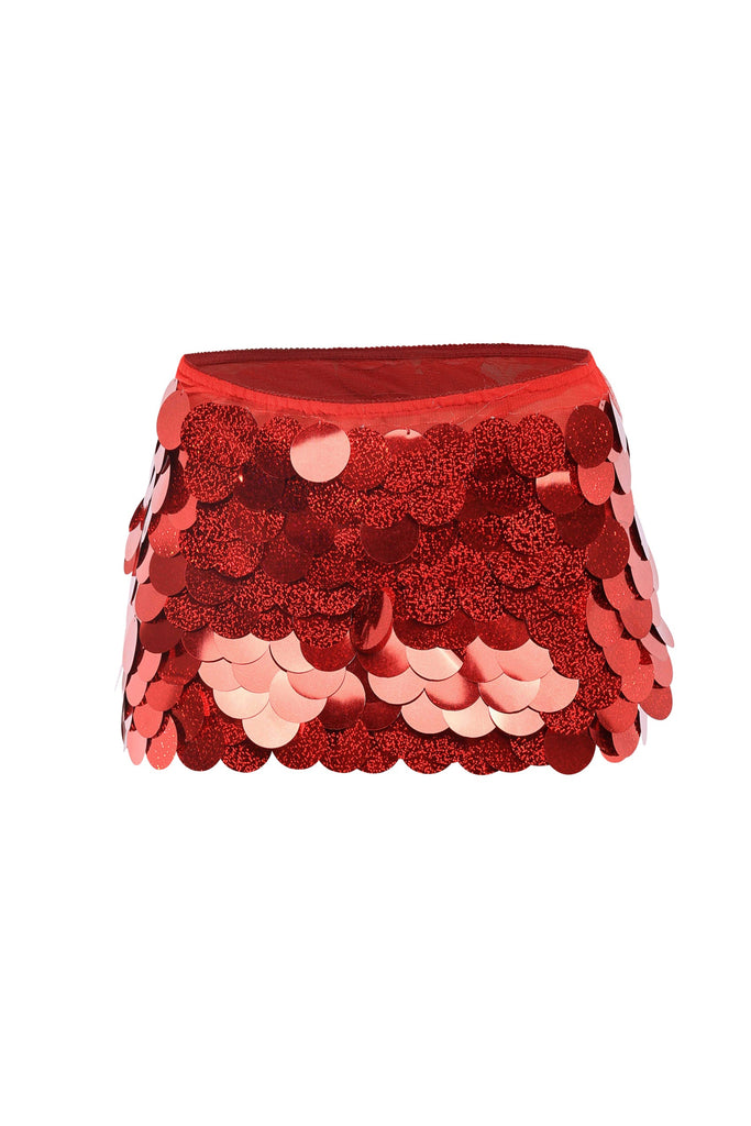 Red oversized sequin mini skirt high-waisted