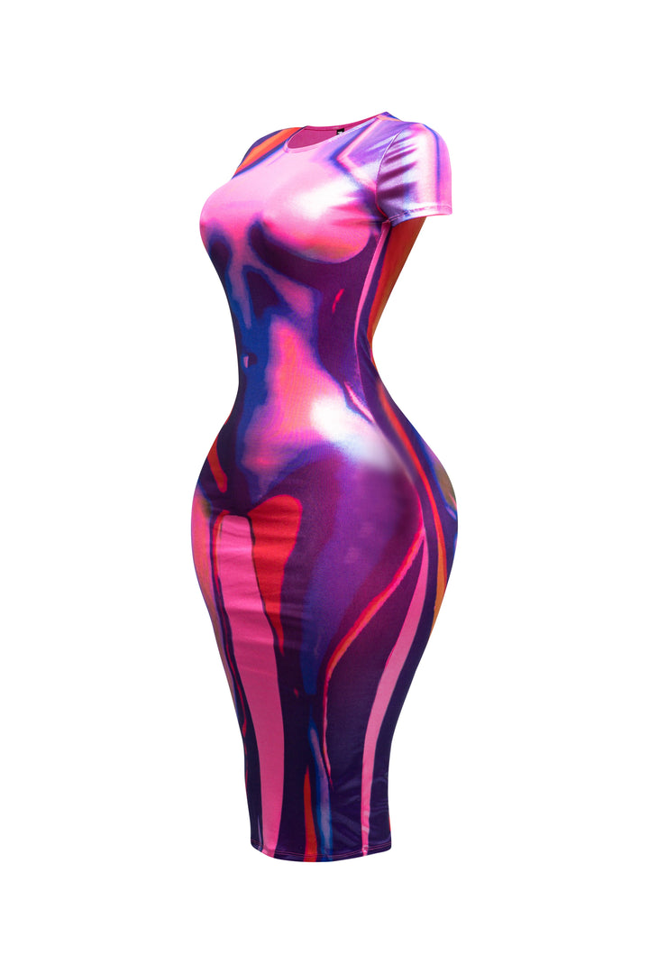 Metallic body heat printed midi dress