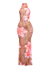 Leopard floral halter neck maxi dress with flared hem and stretch slim fit for spring partywear
