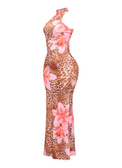 Statement halter maxi dress featuring blush flower and animal print mix in soft stretchy fabric for resort or night-out looks
