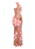 Pink lily and cheetah print maxi dress with sleeveless halter cut and body-skimming silhouette