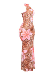 Pink lily and cheetah print maxi dress with sleeveless halter cut and body-skimming silhouette