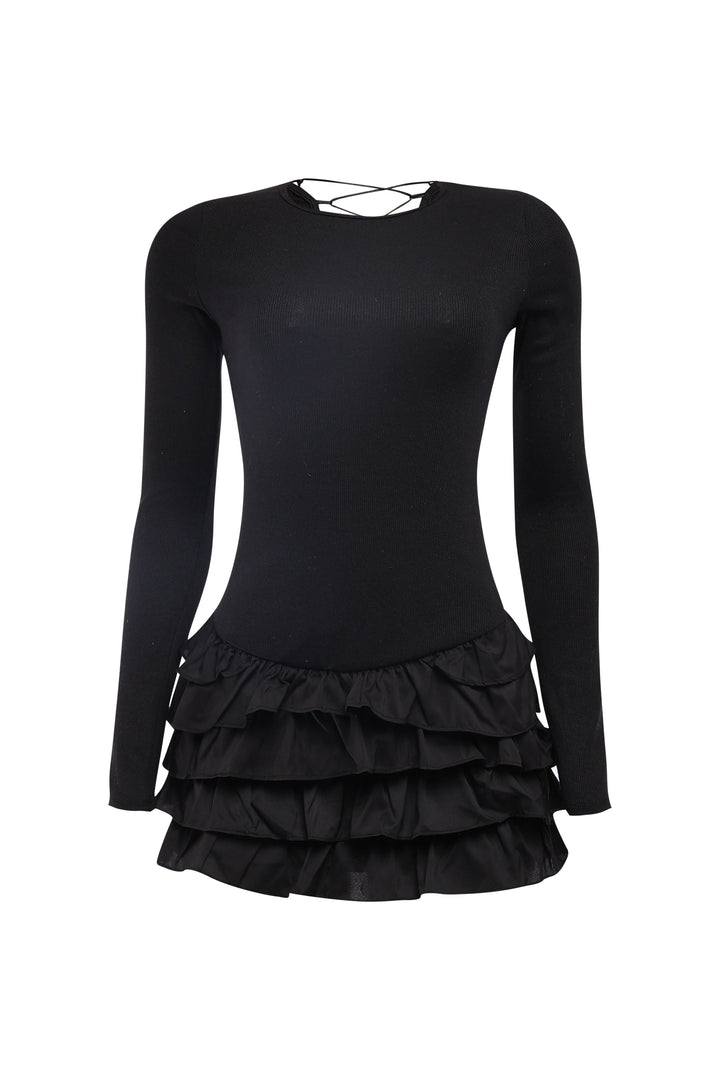 Black lace-up back mini dress with flared hem