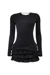 Black lace-up back mini dress with flared hem