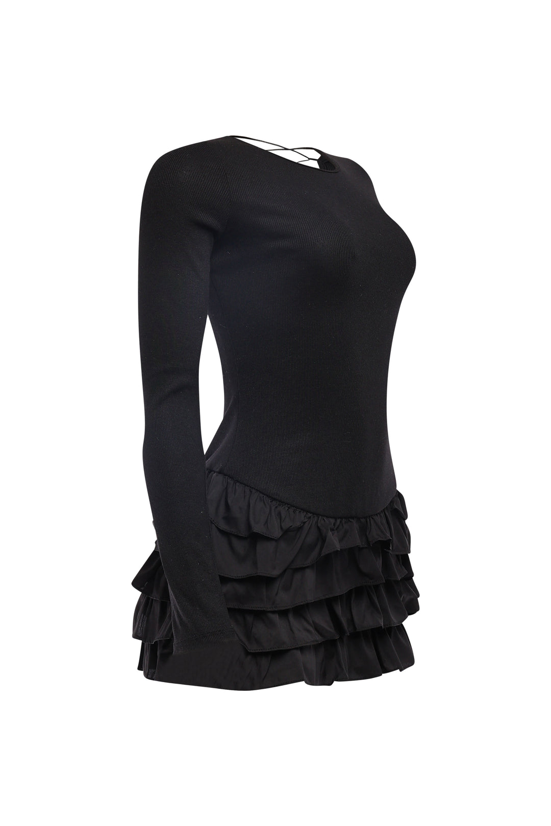 Black party mini dress with slim fit and flared skirt