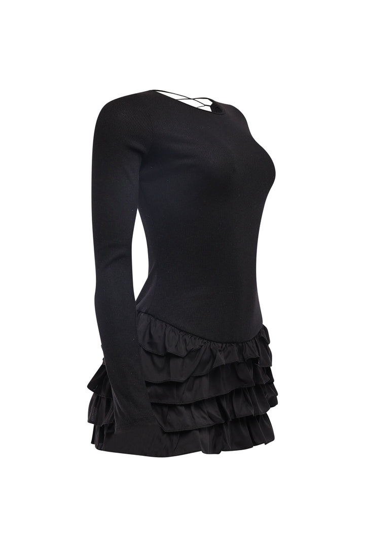 Black party mini dress with slim fit and flared skirt