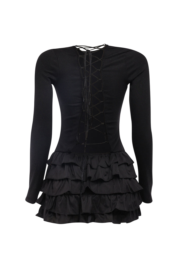 Long sleeve black mini dress with round neck and lace-up detail