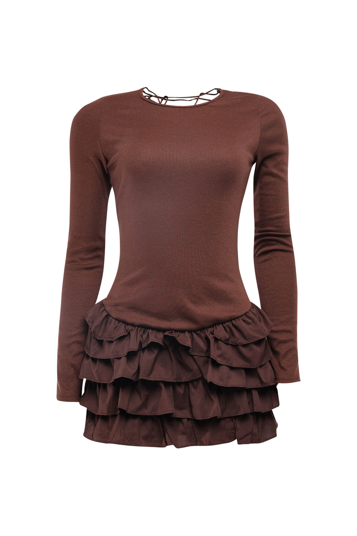 Long sleeve brown mini dress with round neck and lace-up detail