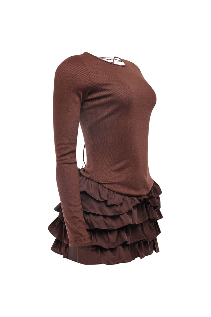 Brown slim fit mini dress with flared skirt