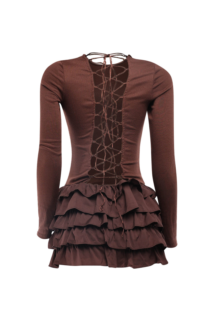 Brown lace-up back mini dress with flared hem