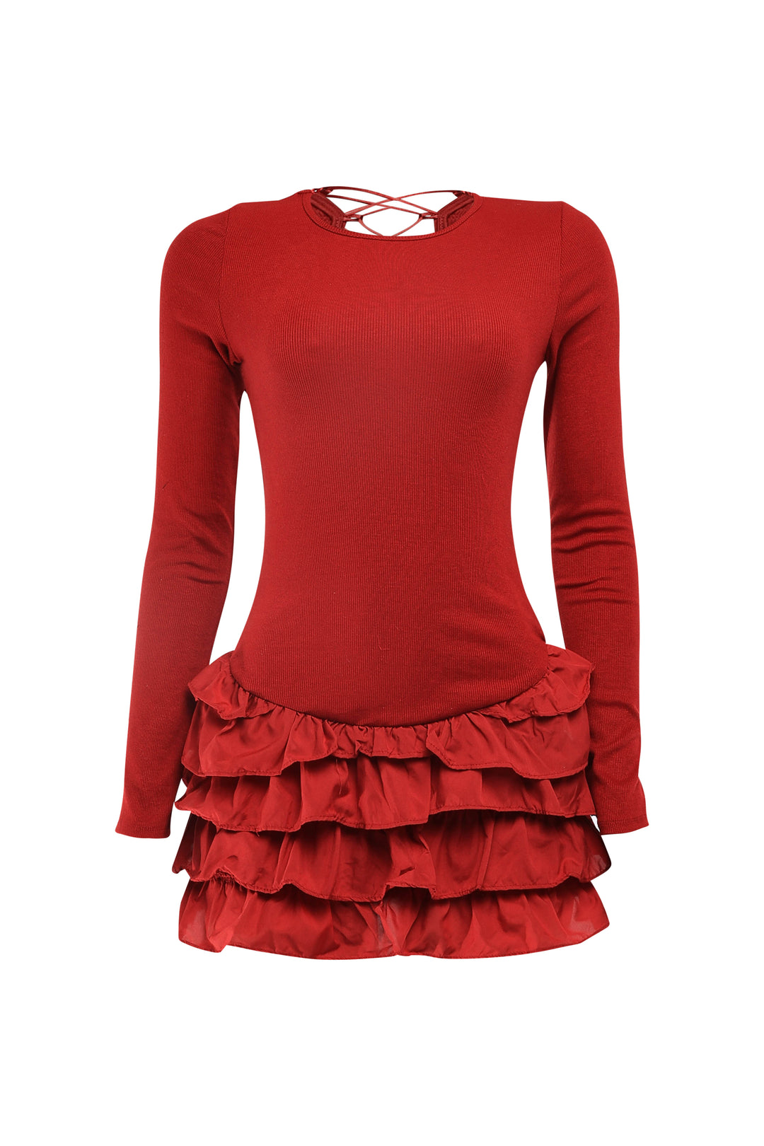 Burgundy lace-up back mini dress with flared hem