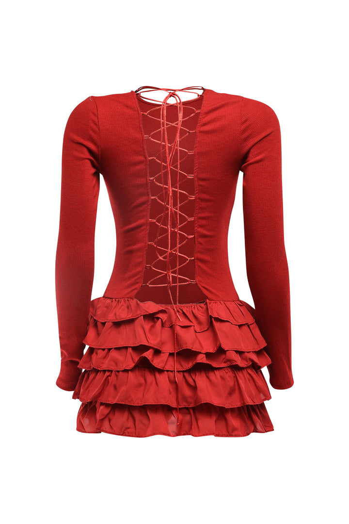 Long sleeve burgundy mini dress with round neck and lace-up detail