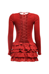 Long sleeve burgundy mini dress with round neck and lace-up detail