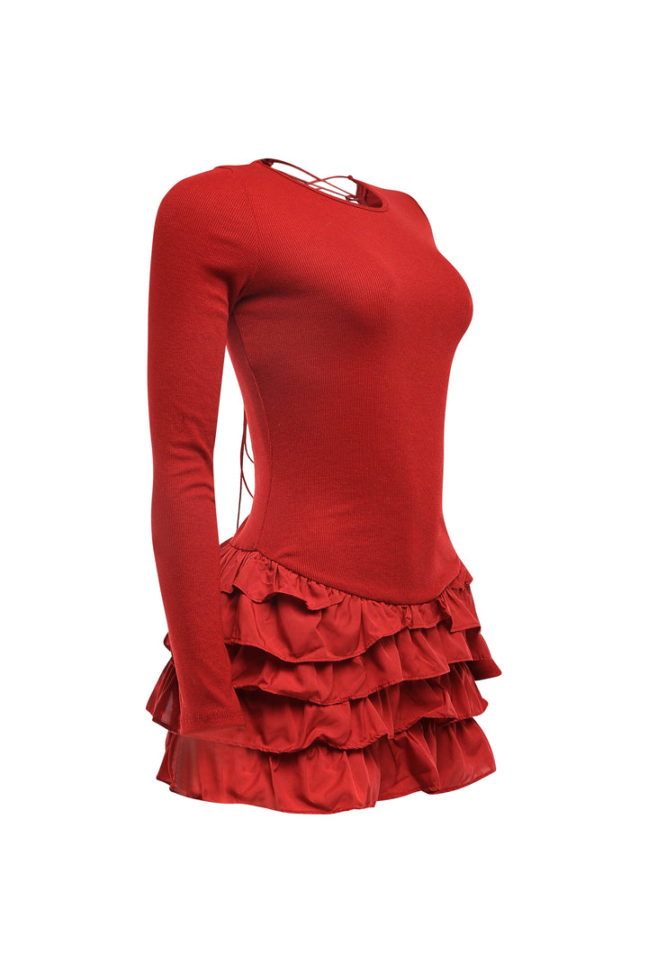 Burgundy slim fit mini dress with flared skirt