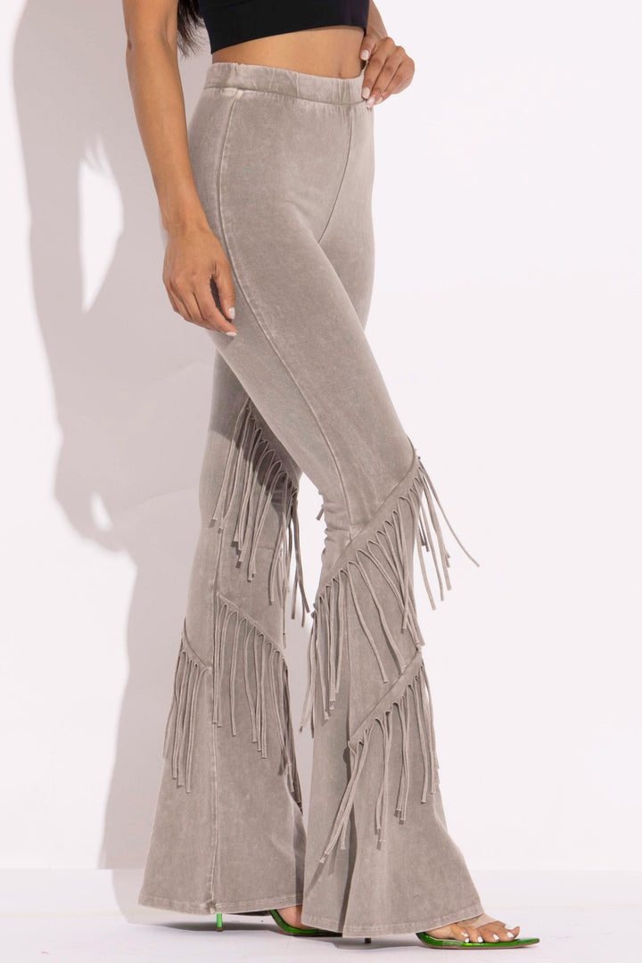 Mineral washed fringe flare pants