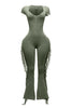 Mineral washed fringed jumpsuit.