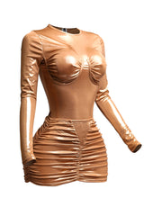 Liquid foiled bodysuit & mini skirt set