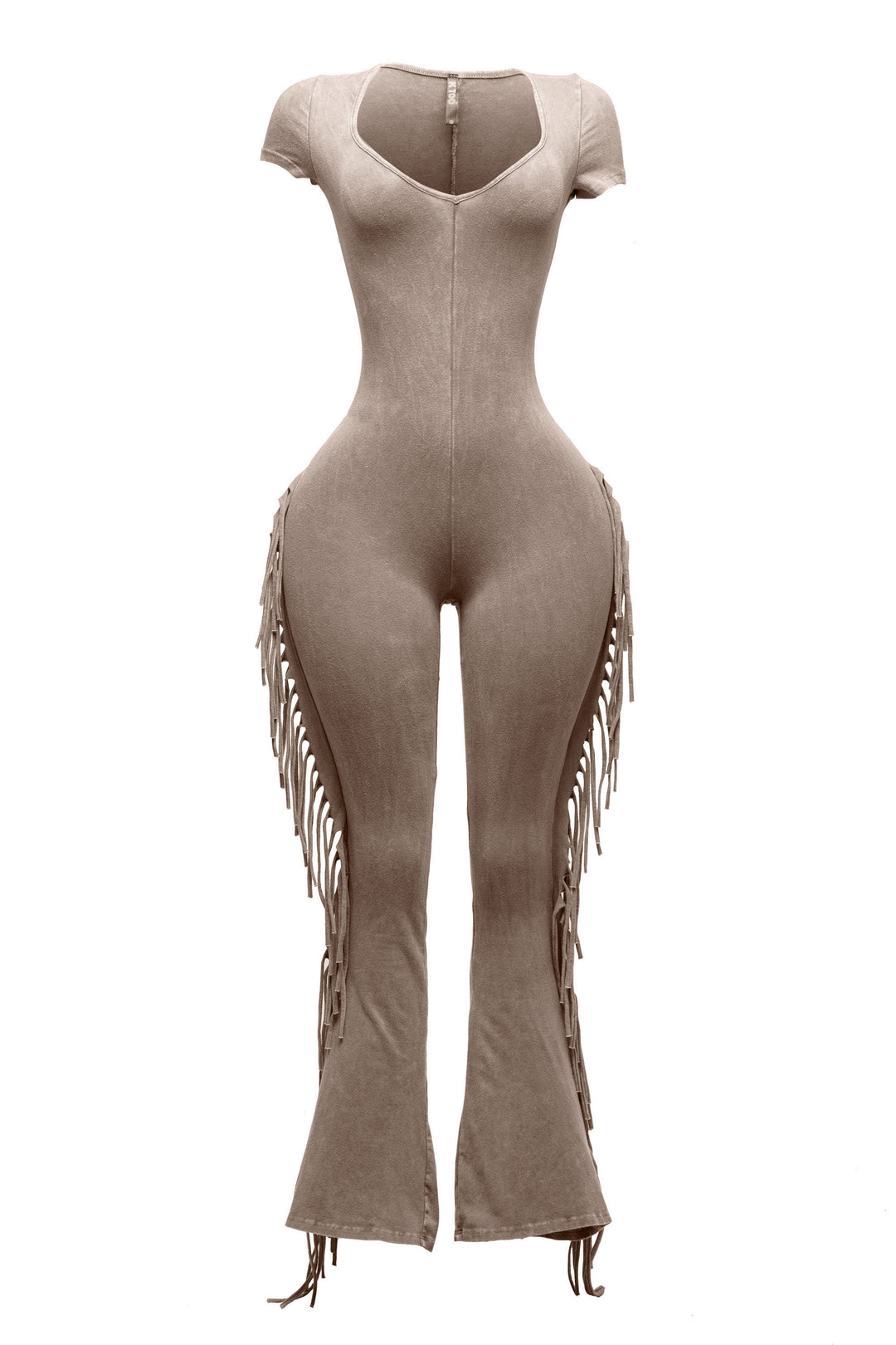 Mineral washed fringed jumpsuit.