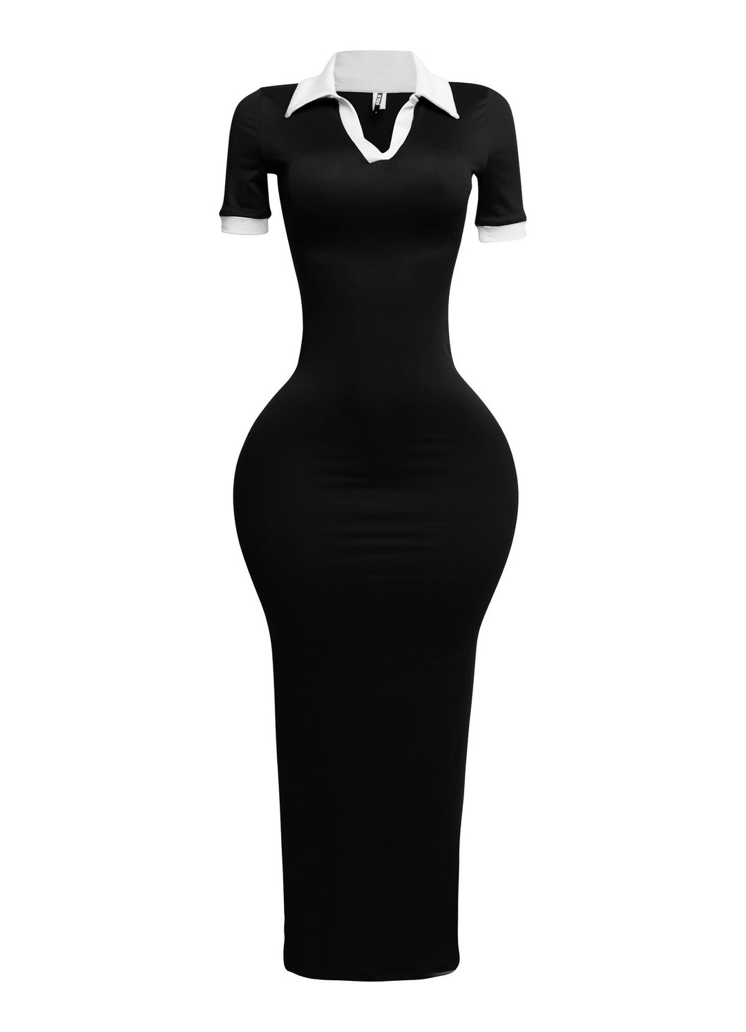 Sleek black and white stretch maxi dress, shown from the left profile with flattering silhouette

