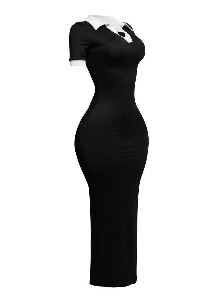 Back view of black polo-style maxi dress with white contrast details and sculpting fit

